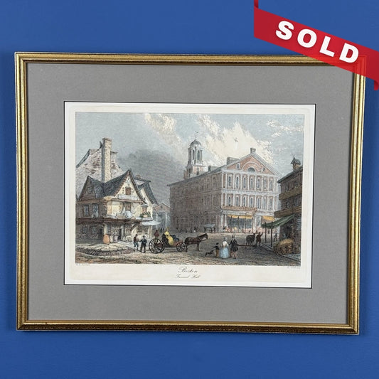 Framed restrike of engraving of Faneuil Hall (19th century) — Hand colored — With historical document