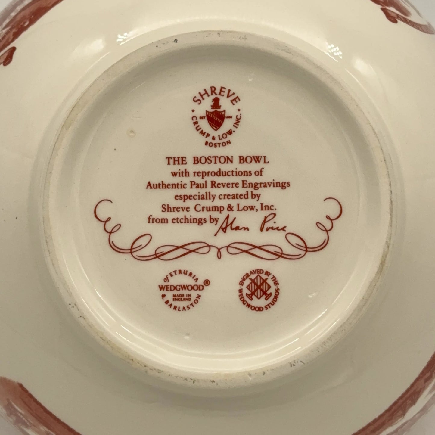 Wedgwood "The Boston Bowl" with Paul Revere's Boston Massacre print in center — In red