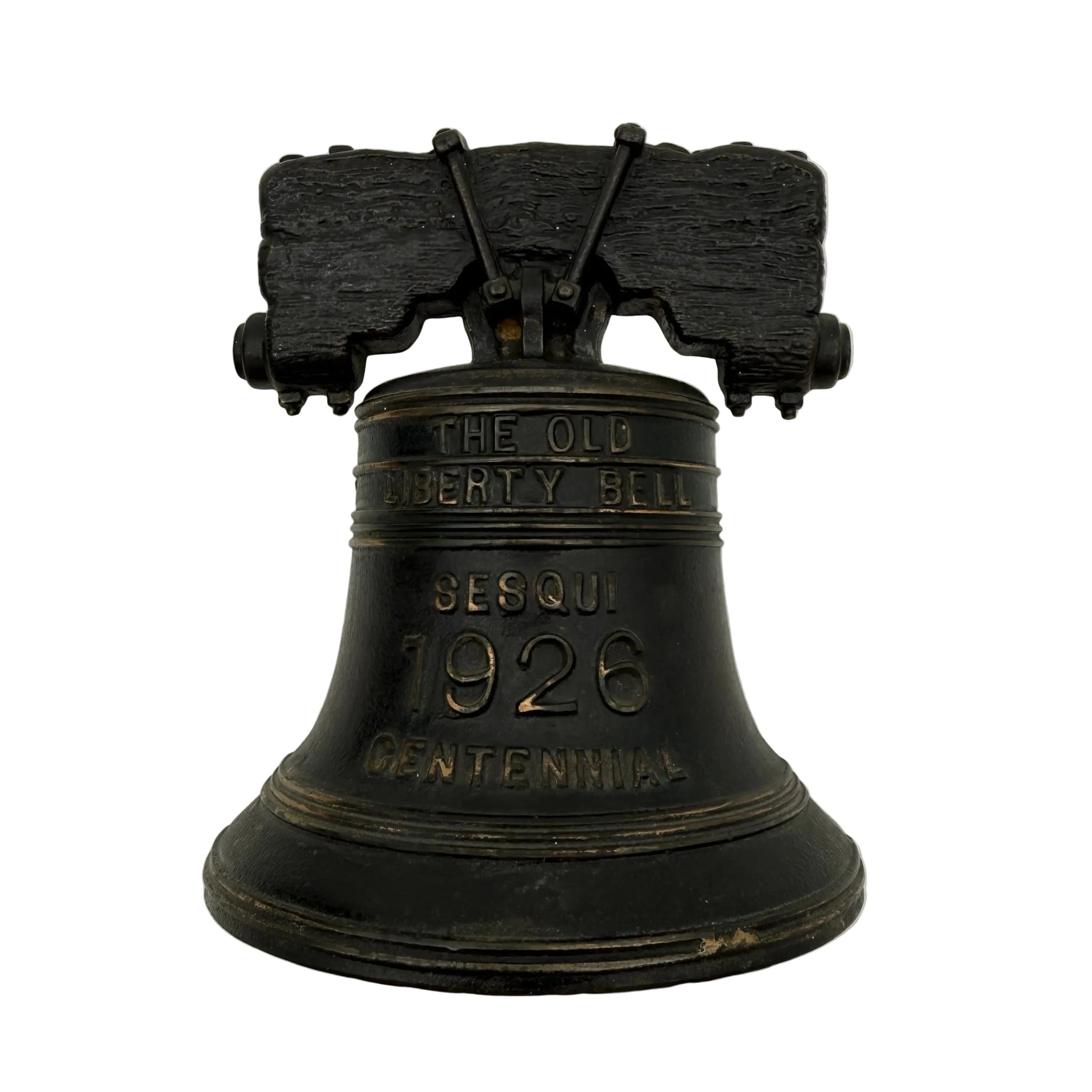 Front of the Sesqui-Centennial International Exposition Bookends in the shape of the Liberty Bell from The History List Store.