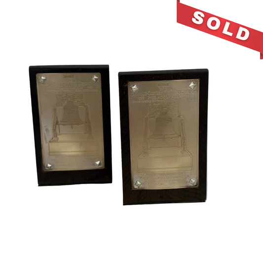 1926 Sesqui-Centennial bookends — Wood with brass plate with Liberty Bell