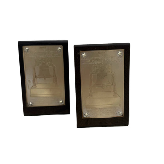 1926 Sesqui-Centennial bookends — Wood with brass plate with Liberty Bell