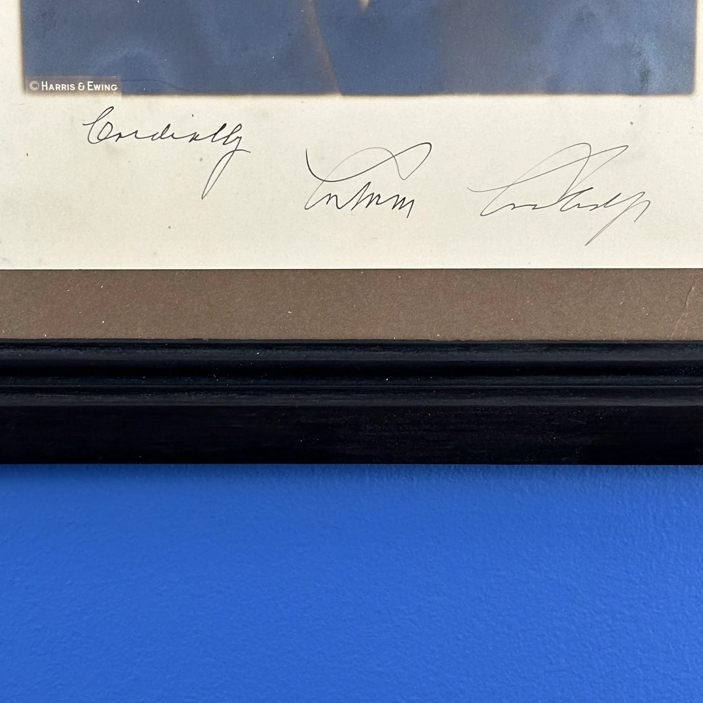 President Calvin Coolidge signed photograph with a note from his secretary, on White House stationery, in a handmade frame
