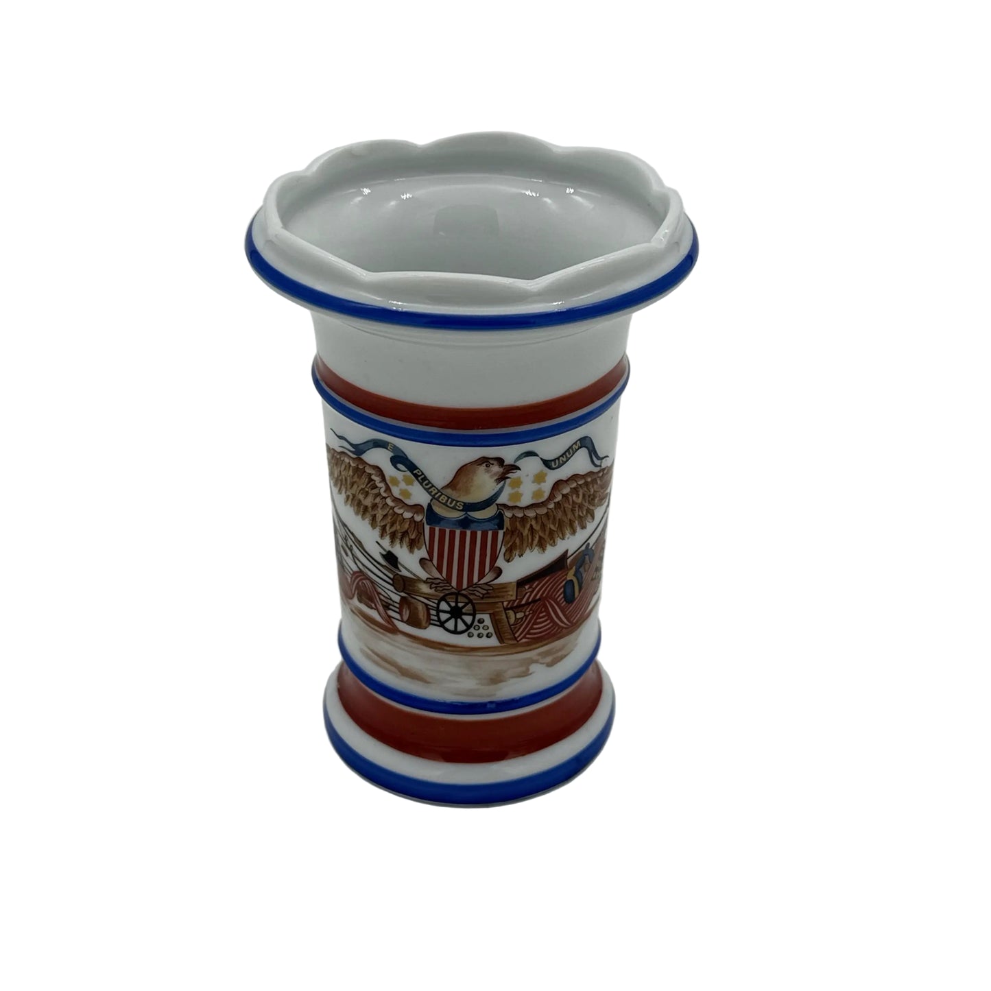 Small round vase with eagle with shield and banner