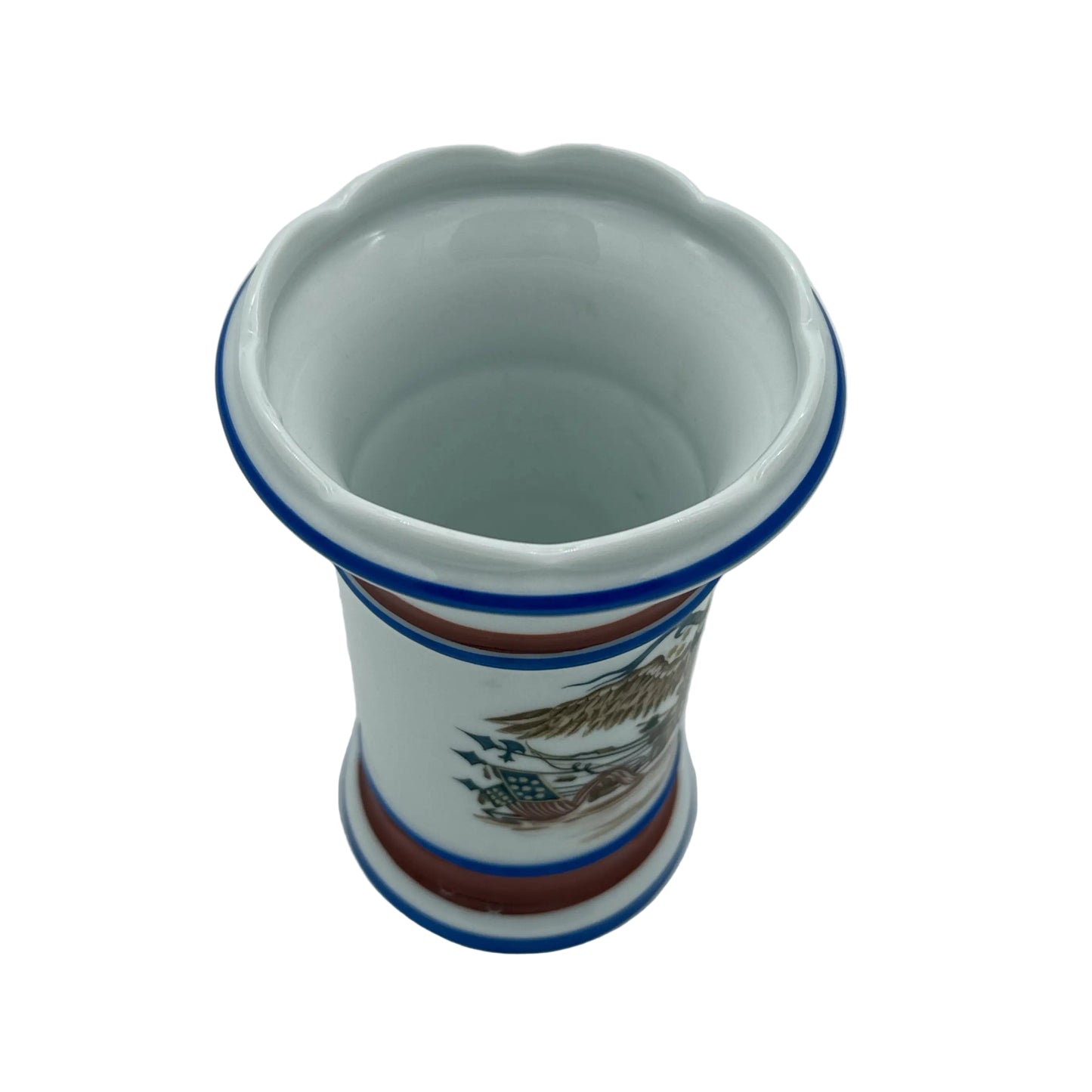 Small round vase with eagle with shield and banner