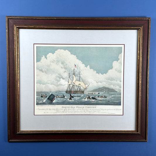 Large, framed, hand-colored whaling print