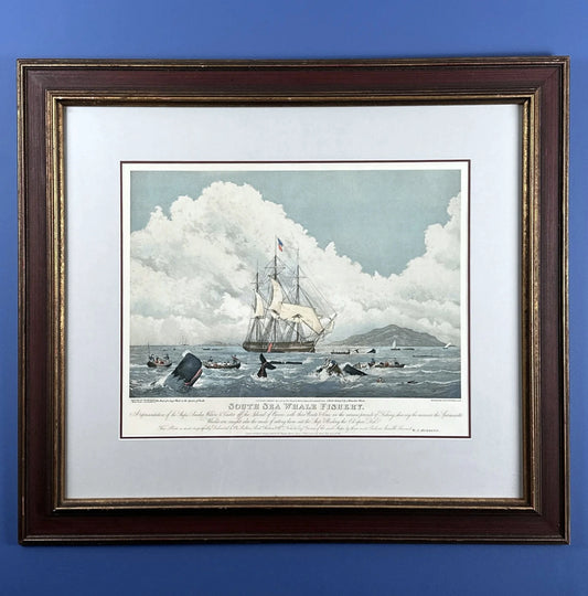 Large, framed, hand-colored whaling print