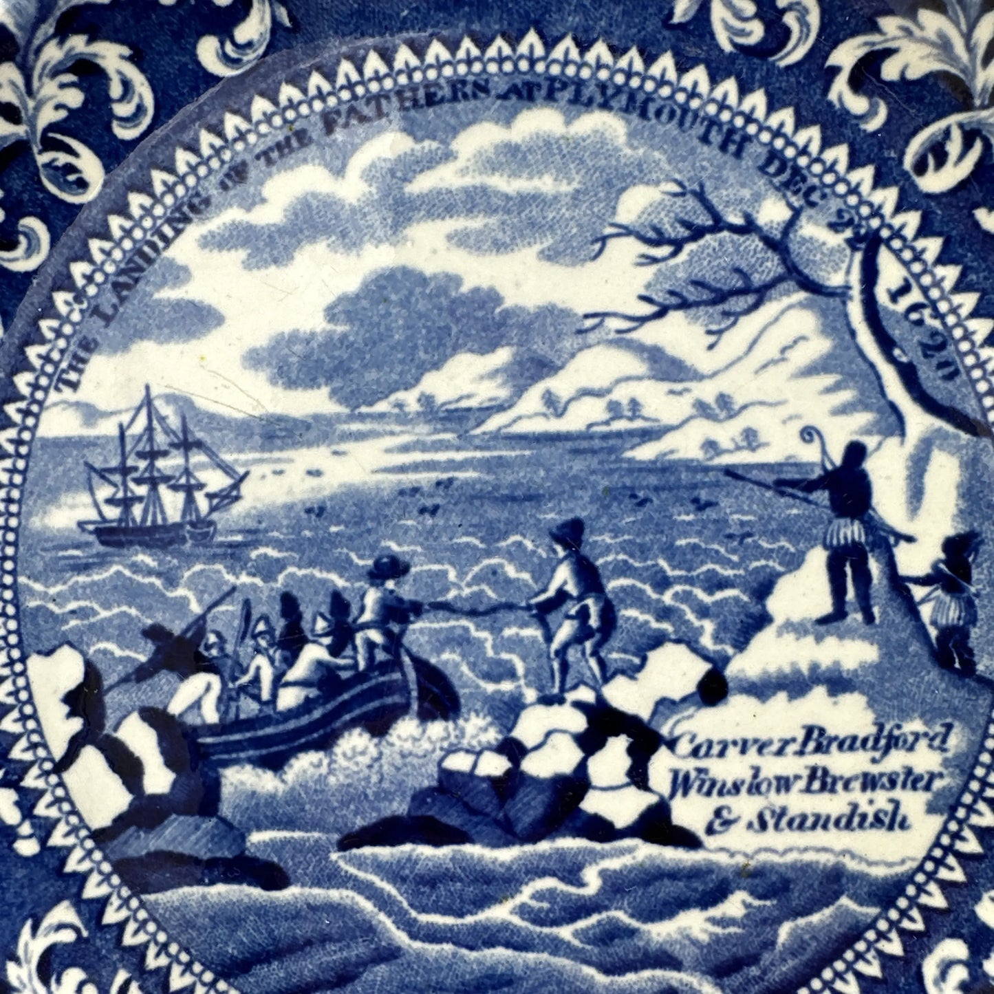 Historical Staffordshire blue plates c1825 commemorating the landing at Plymouth and four other historical events