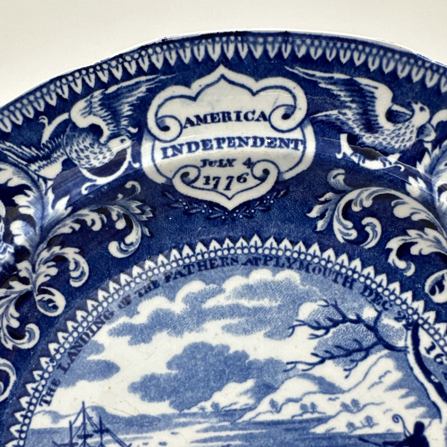 Historical Staffordshire blue plates c1825 commemorating the landing at Plymouth and four other historical events