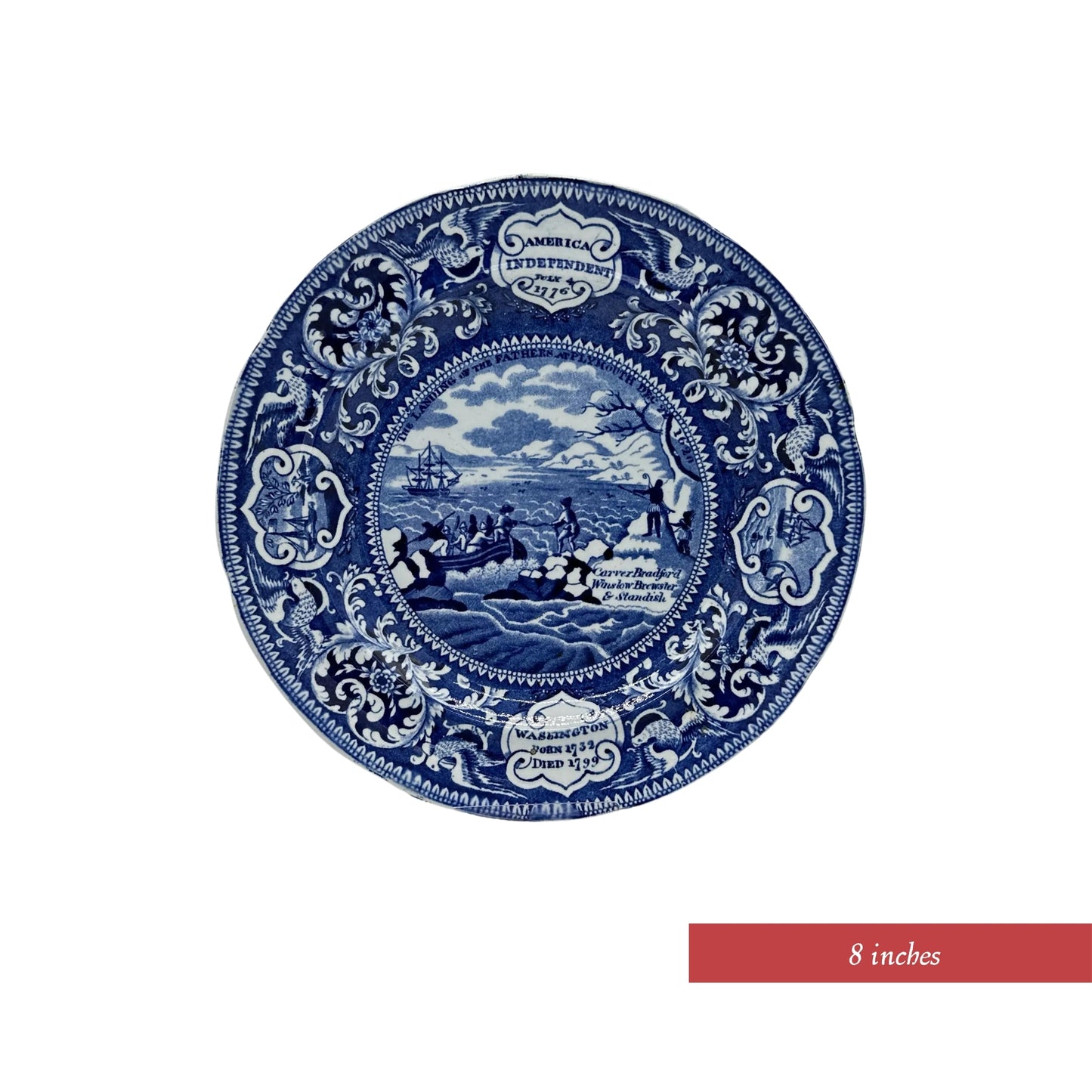 Historical Staffordshire blue plates c1825 commemorating the landing at Plymouth and four other historical events