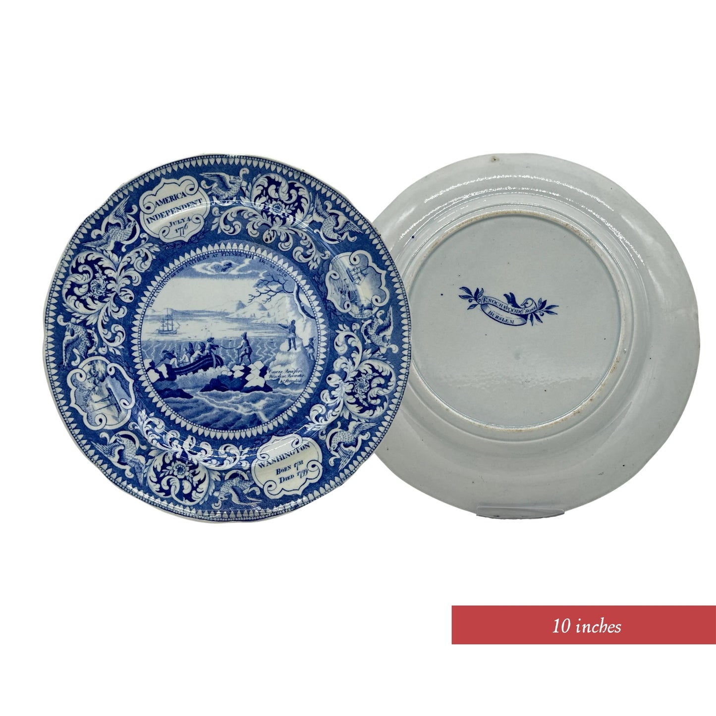 Historical Staffordshire blue plates c1825 commemorating the landing at Plymouth and four other historical events