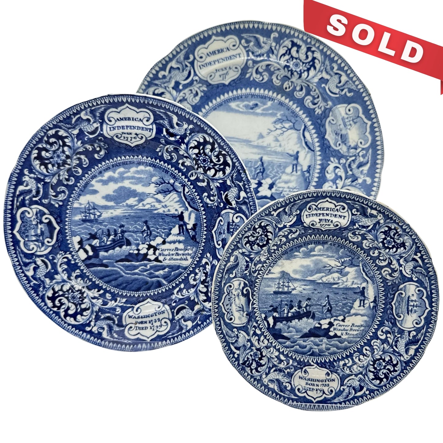 Historical Staffordshire blue plates c1825 commemorating the landing at Plymouth and four other historical events