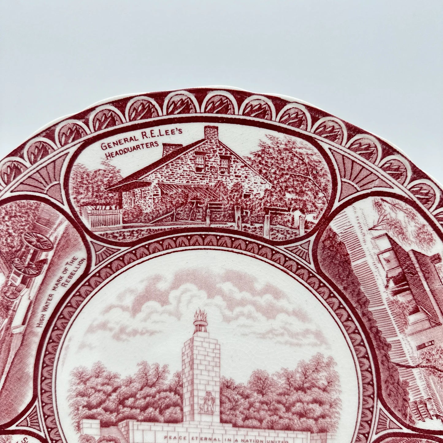 Historical Staffordshire plate showing Gettysburg and the Eternal Light Peace Memorial