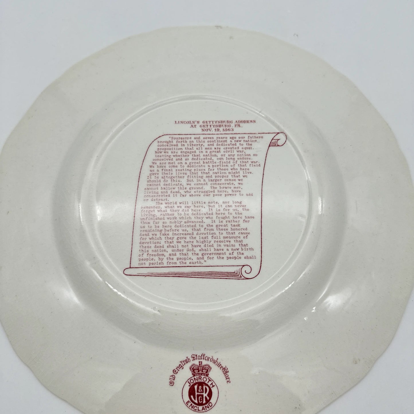 Historical Staffordshire plate showing Gettysburg and the Eternal Light Peace Memorial