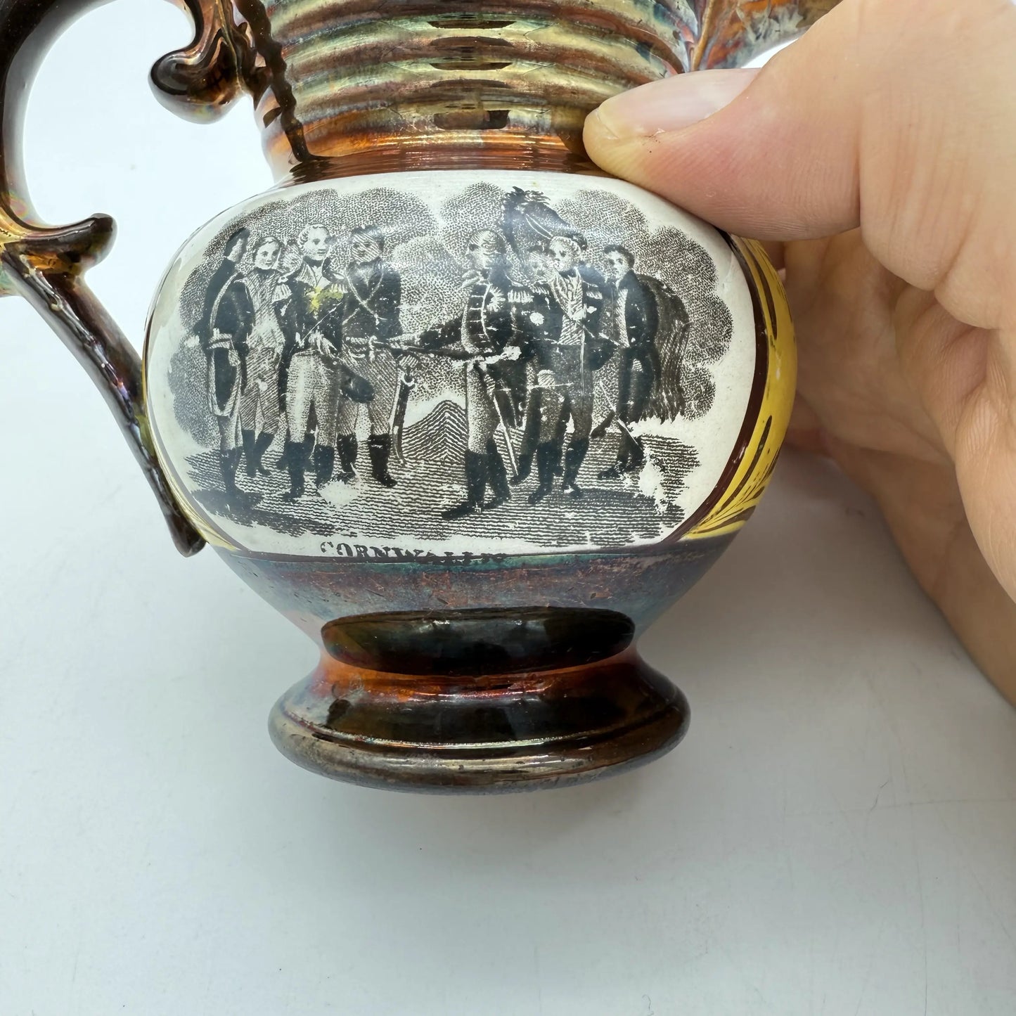 Historical Staffordshire "Lafayette" and "Cornwallis" Copper Luster Cream Pitcher — c. 1825