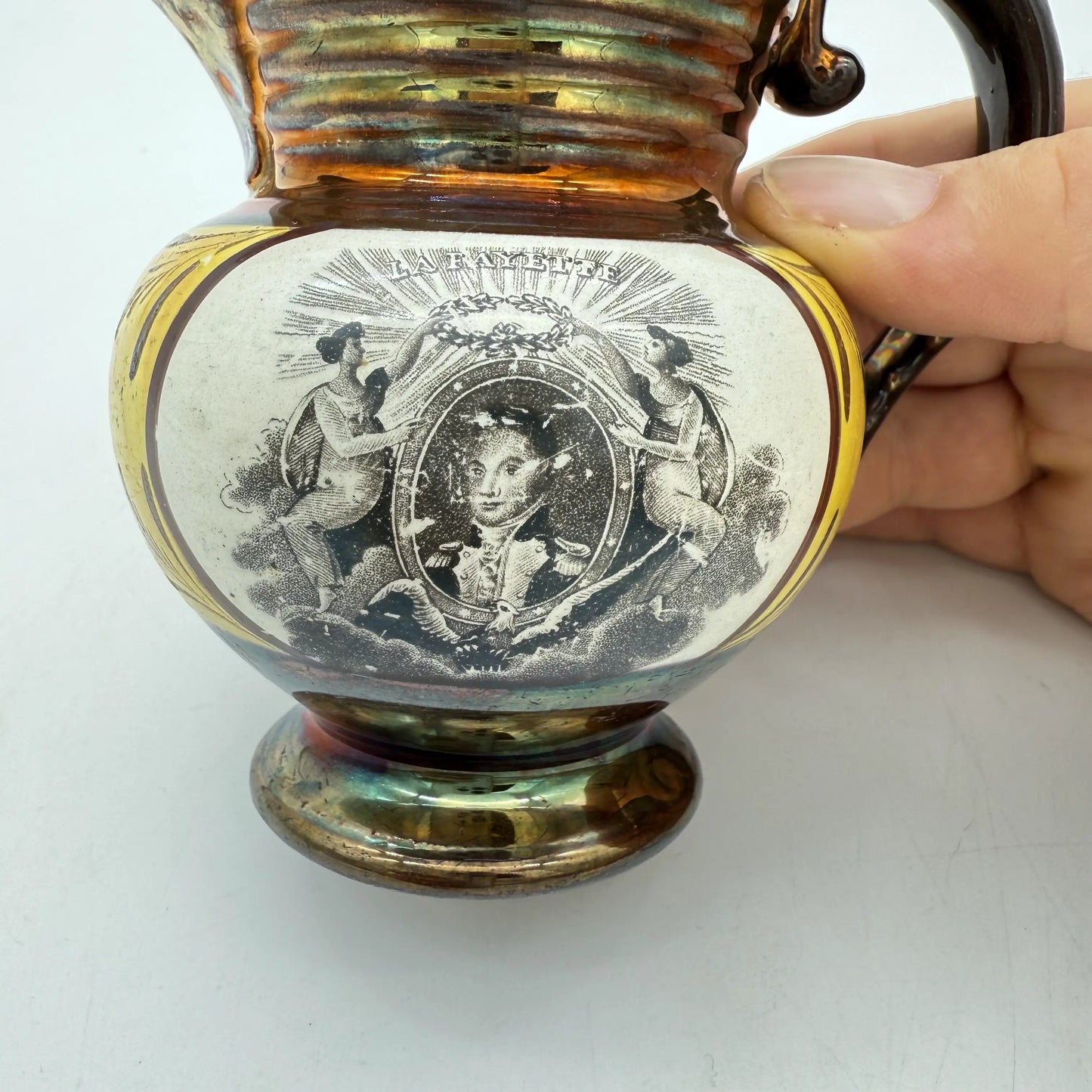 Historical Staffordshire "Lafayette" and "Cornwallis" Copper Luster Cream Pitcher — c. 1825