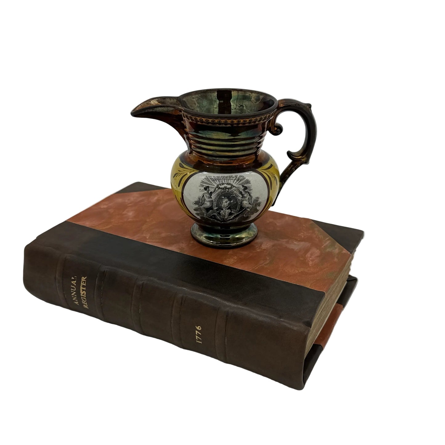 Historical Staffordshire "Lafayette" and "Cornwallis" Copper Luster Cream Pitcher — c. 1825