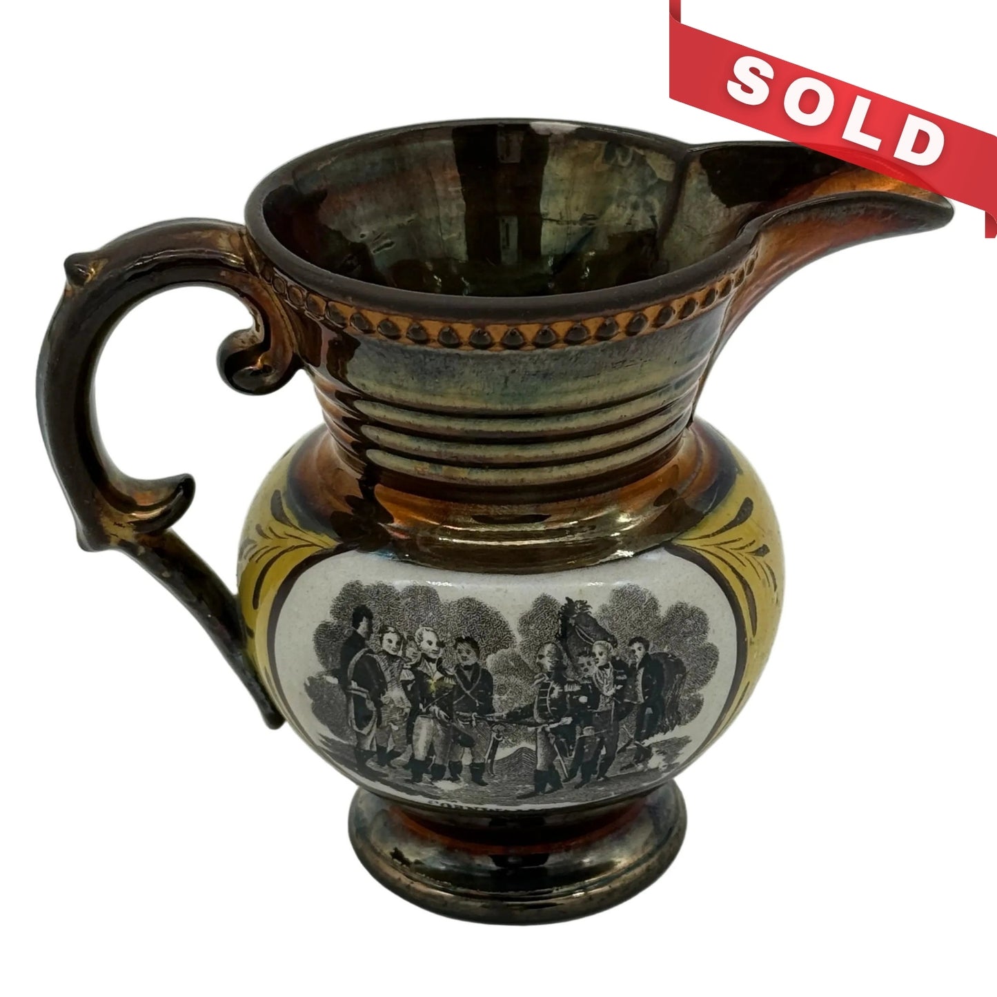 Historical Staffordshire "Lafayette" and "Cornwallis" Copper Luster Cream Pitcher — c. 1825