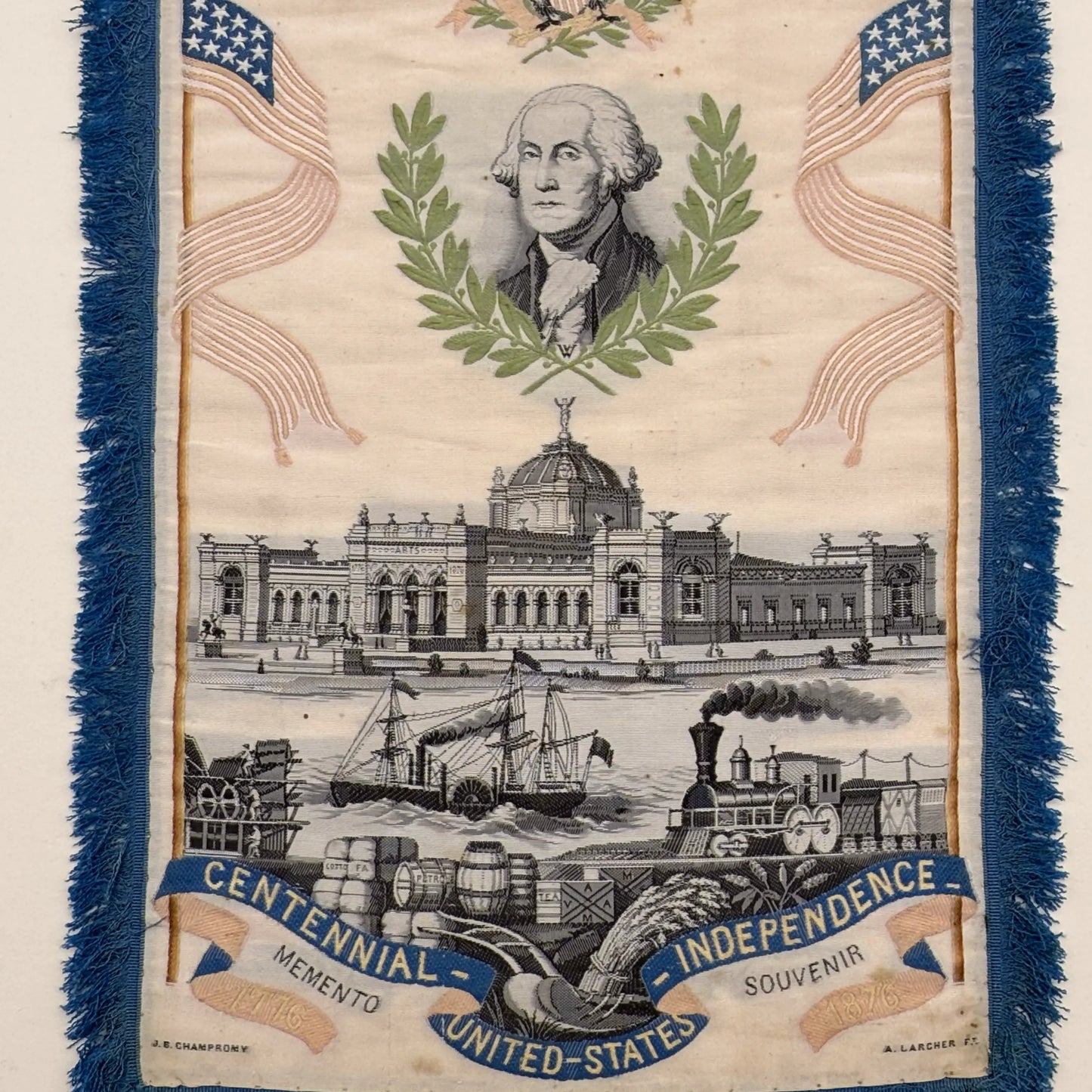 Large 1876 Centennial Exposition Stevengraph with George Washington — Framed