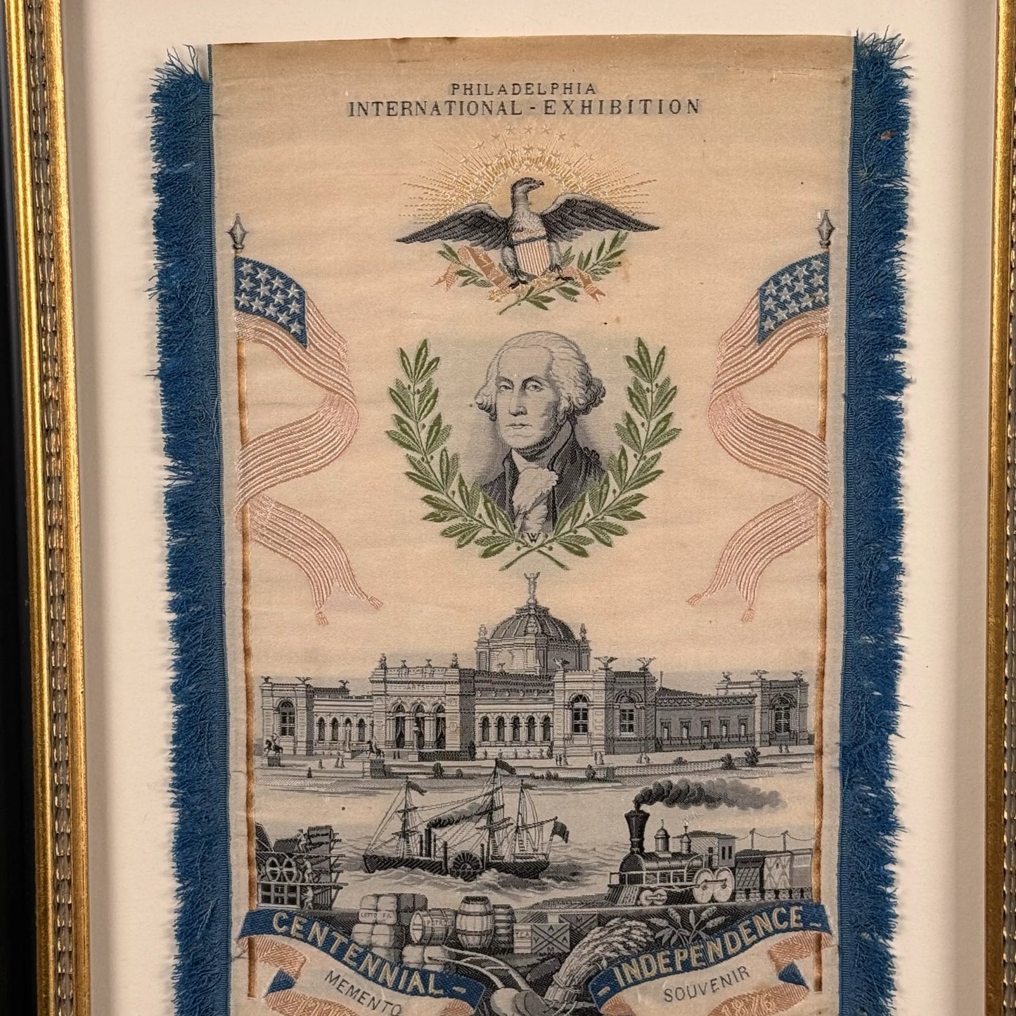 Large 1876 Centennial Exposition Stevengraph with George Washington — Framed
