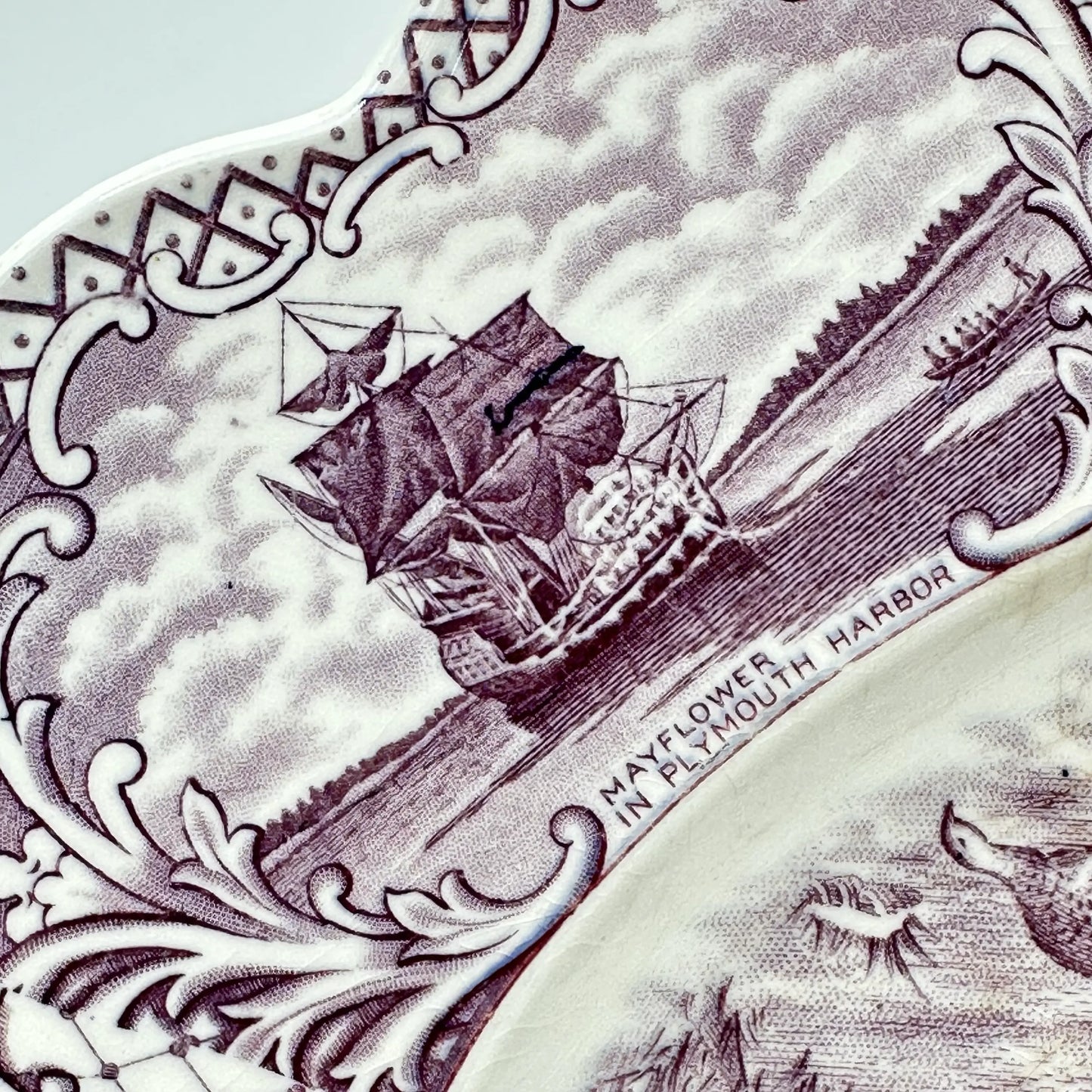 Close-up view of the 'Mayflower in Plymouth Harbor' scene on a Thanksgiving platter from A.G. Richardson & Co., England — from The History List Store.