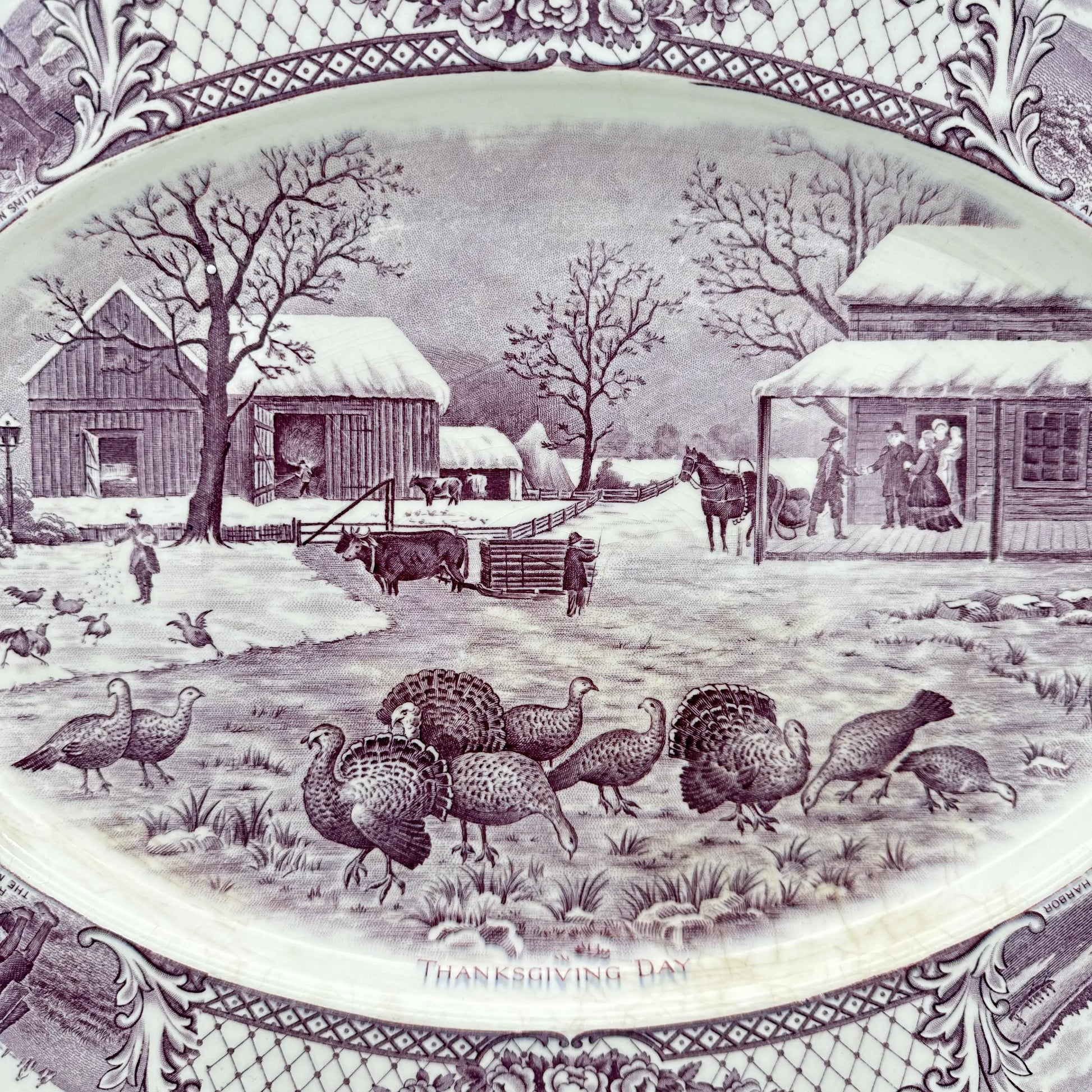 Overview of the 'Thanksgiving Day' scene on a Thanksgiving platter from A.G. Richardson & Co., England — from The History List Store.