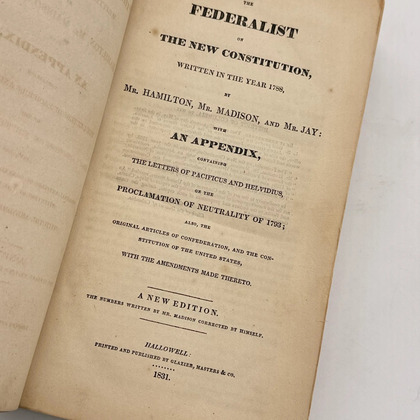 1826 "The Federalist, on the New Constitution" — Beautifully, rebound, with pages in excellent condition