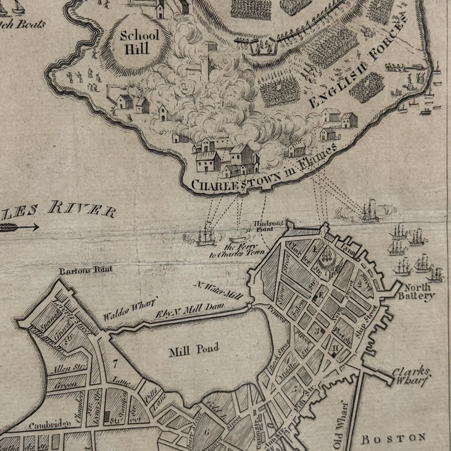 1778 plan of the town of Boston with the Attack on Bunkers-Hill in the Peninsula of Charlestown the 17th of June, 1775 — Framed