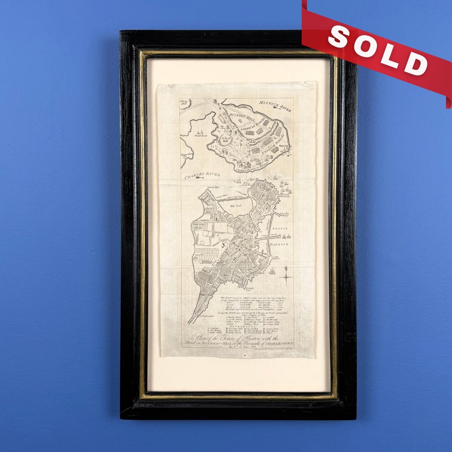1778 plan of the town of Boston with the Attack on Bunkers-Hill in the Peninsula of Charlestown the 17th of June, 1775 — Framed