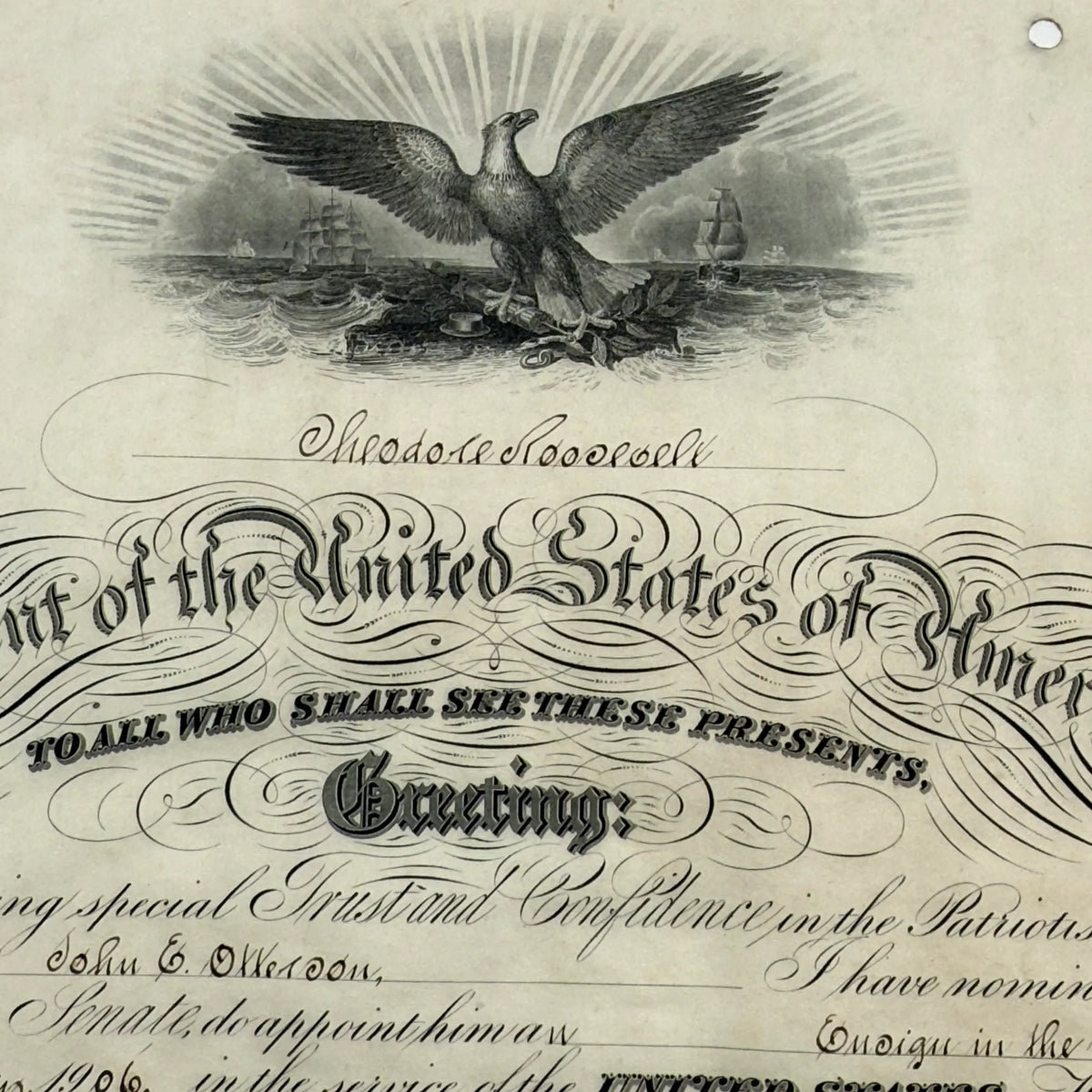 U.S. Navy Appointment Signed by President Theodore Roosevelt — 1906