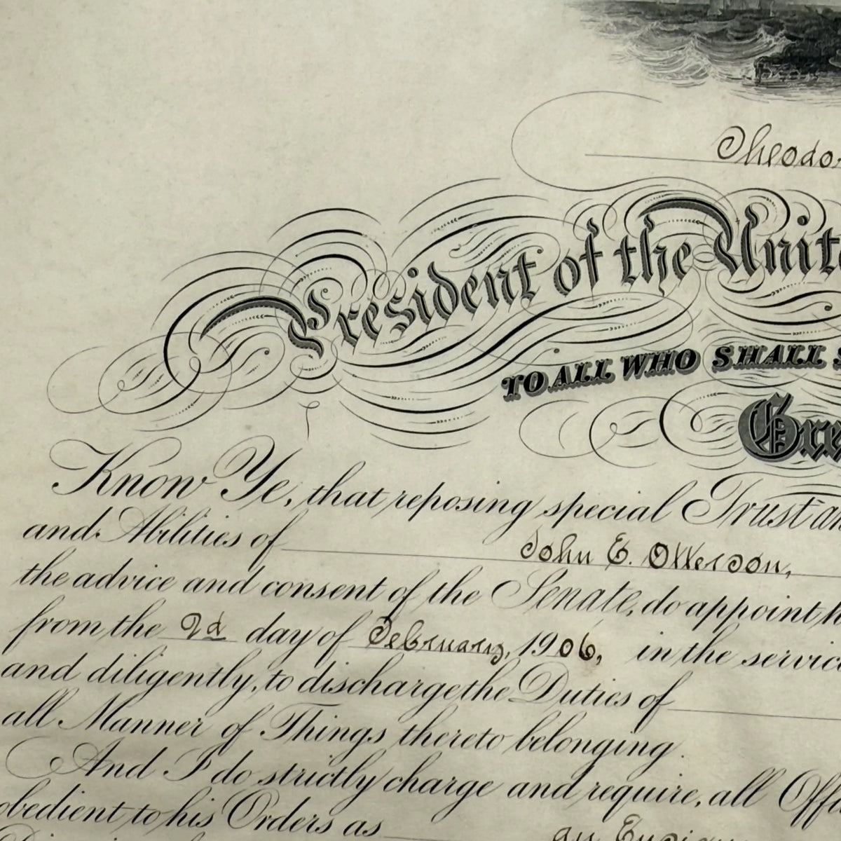 U.S. Navy Appointment Signed by President Theodore Roosevelt — 1906