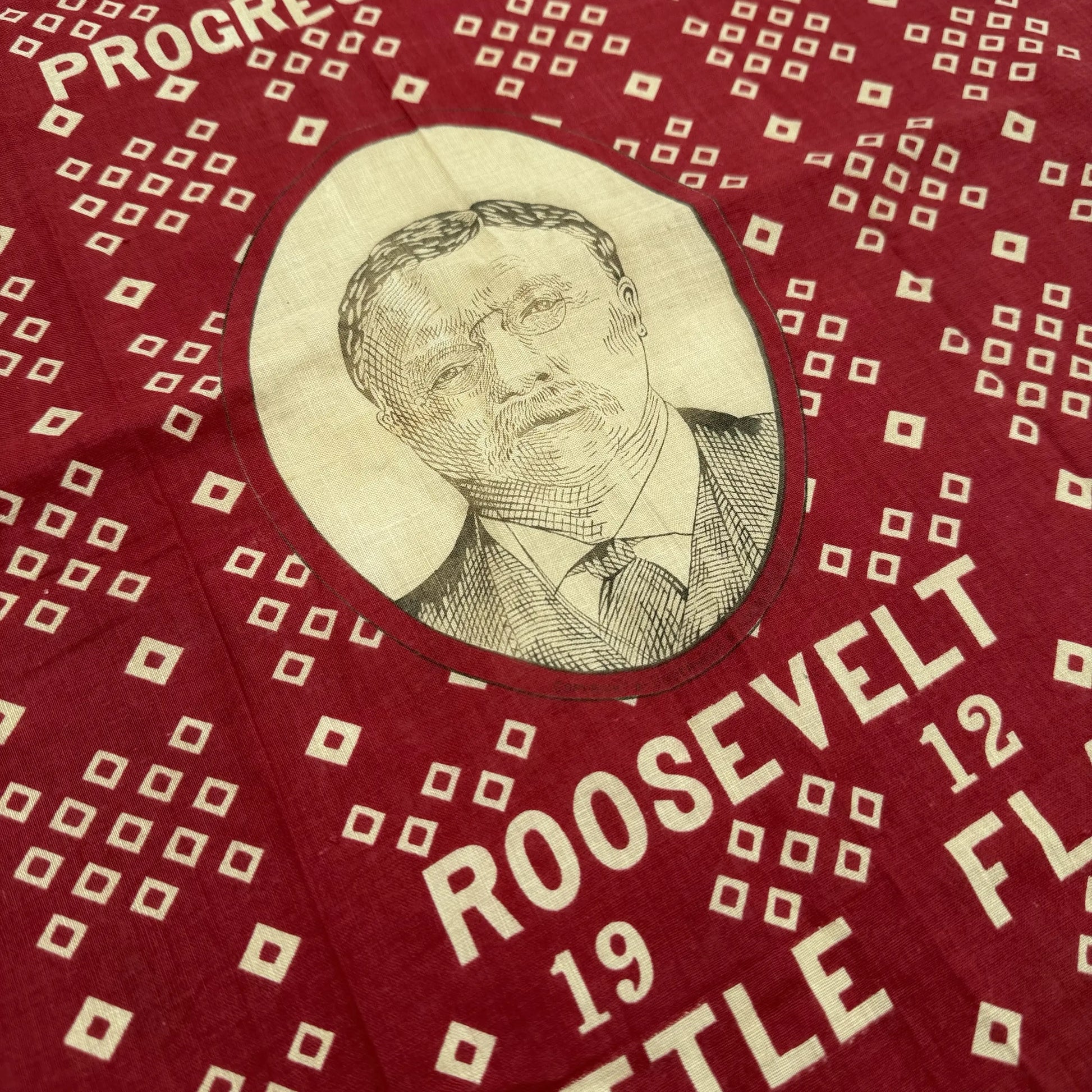 Close up detail of the Theodore Roosevelt Progressive Party Battle Flag Bandana — 1912 from The History List Store.