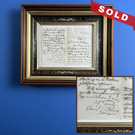 Mark Twain Hand Signed Letter in an antique frame from the period —  Documented by scholars