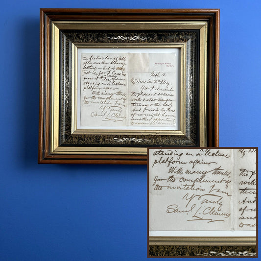 Mark Twain Hand Signed Letter in an antique frame from the period —  Documented by scholars