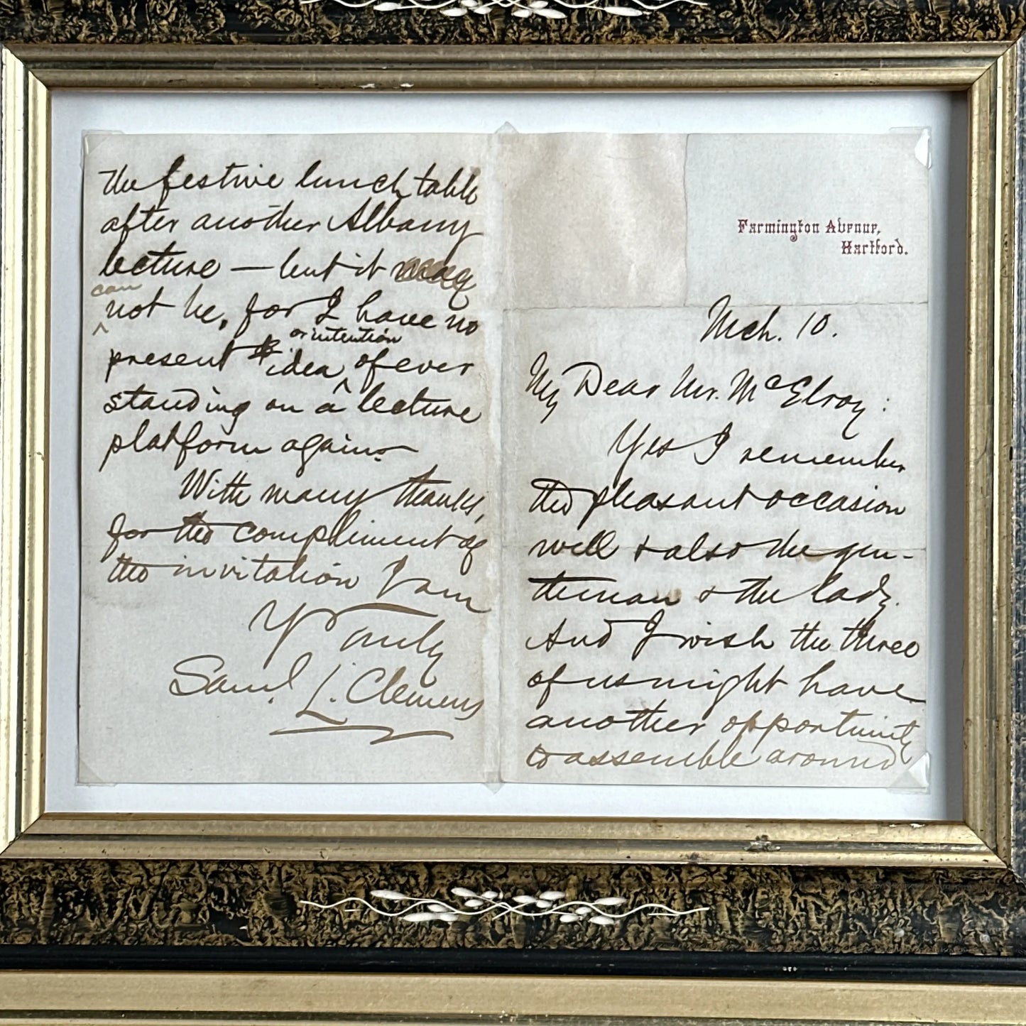 Mark Twain Hand Signed Letter in an antique frame from the period —  Documented by scholars