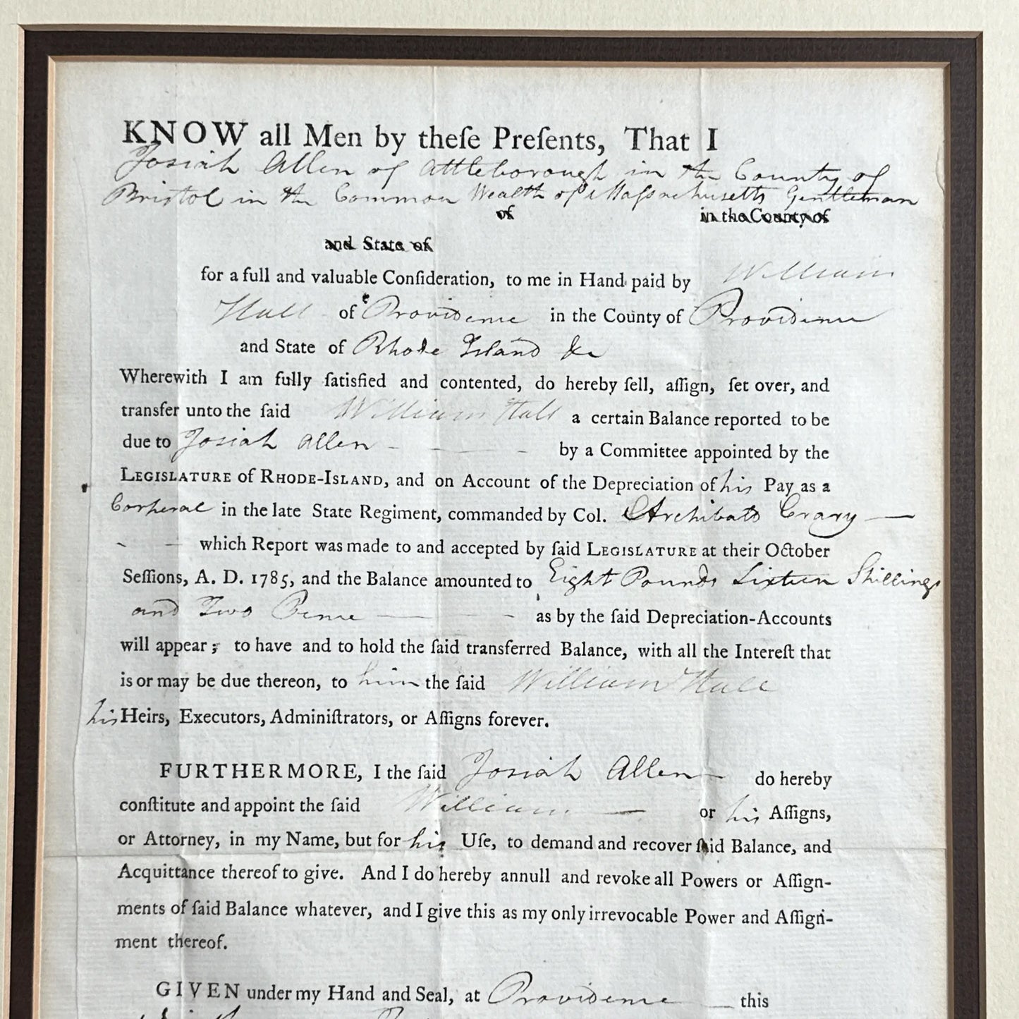 Two Continental Soldier Pay Documents and a Continental one third dollar note - Framed