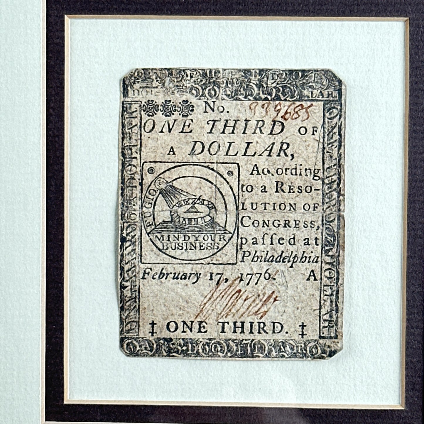 Two Continental Soldier Pay Documents and a Continental one third dollar note - Framed