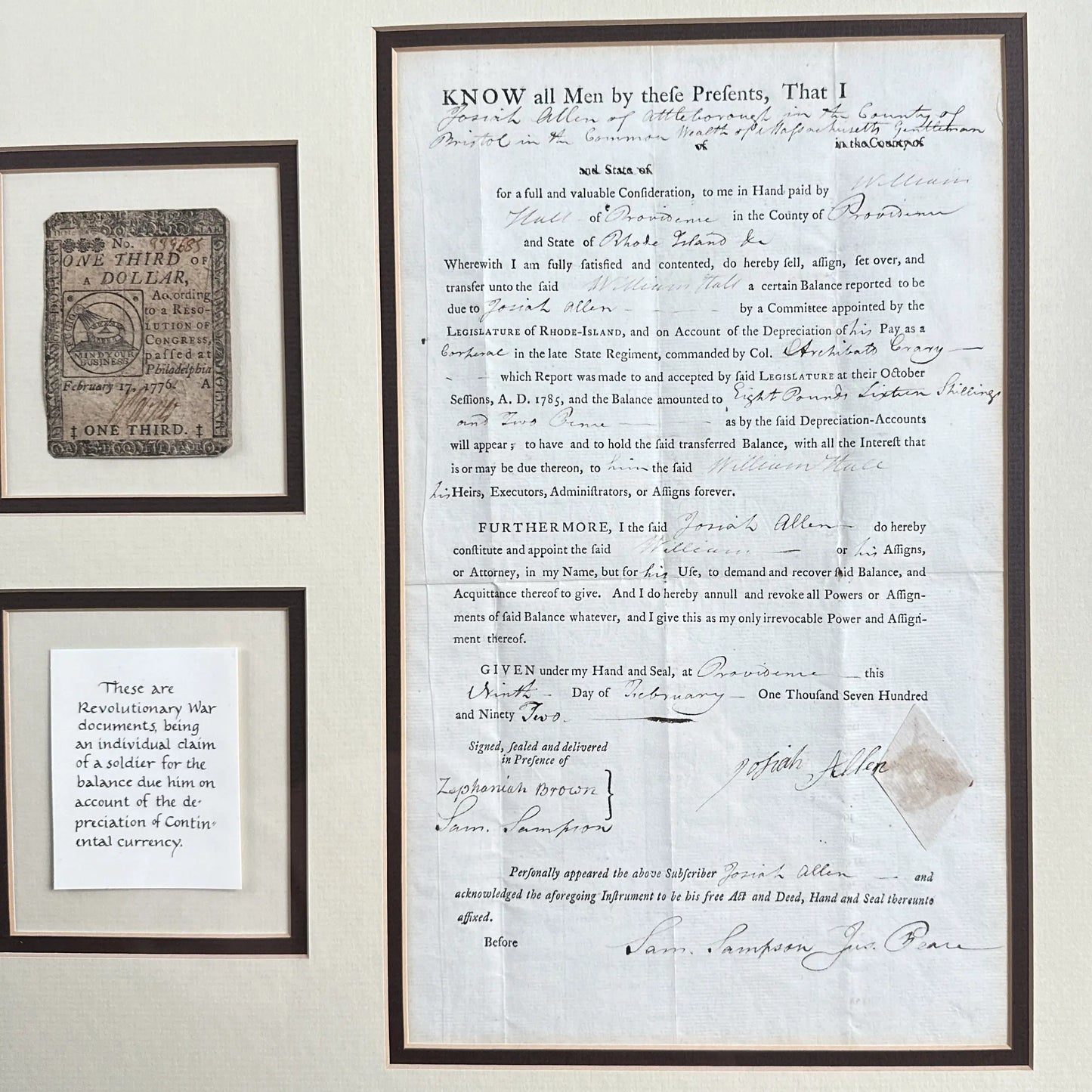 Two Continental Soldier Pay Documents and a Continental one third dollar note - Framed