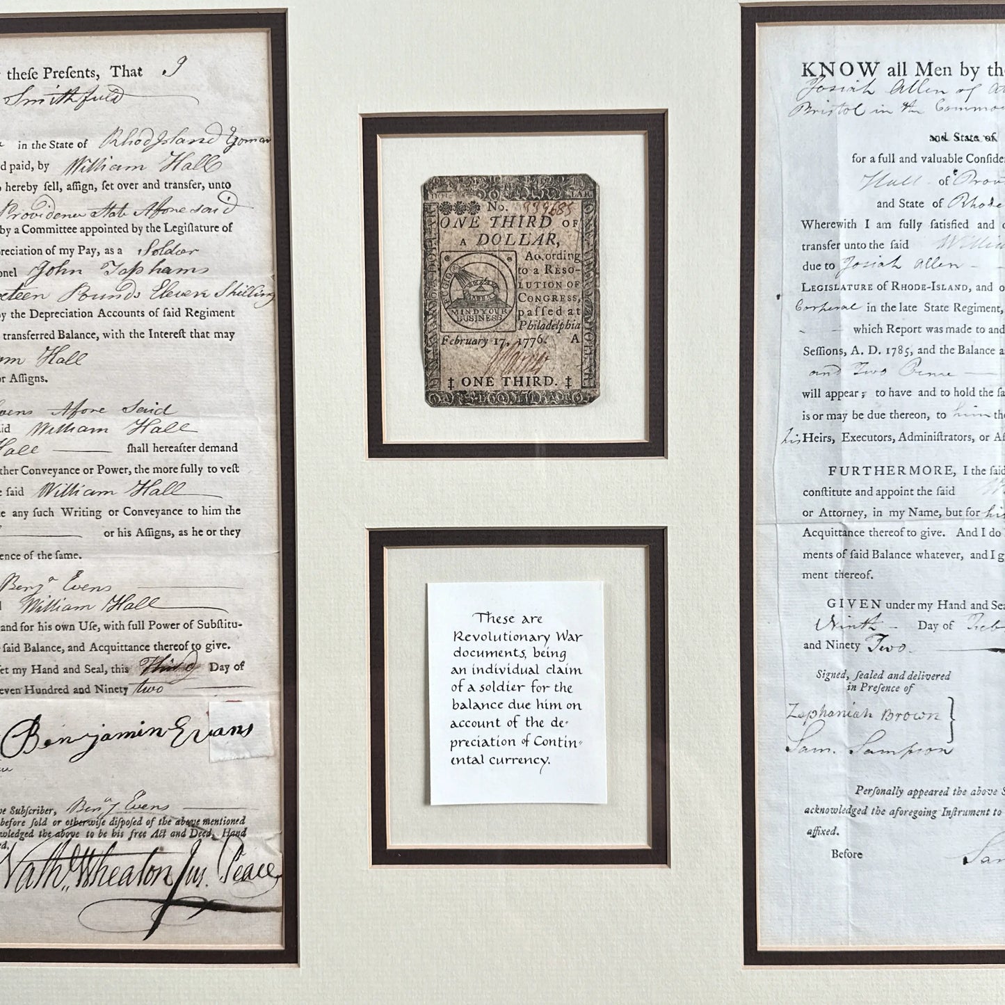 Two Continental Soldier Pay Documents and a Continental one third dollar note - Framed