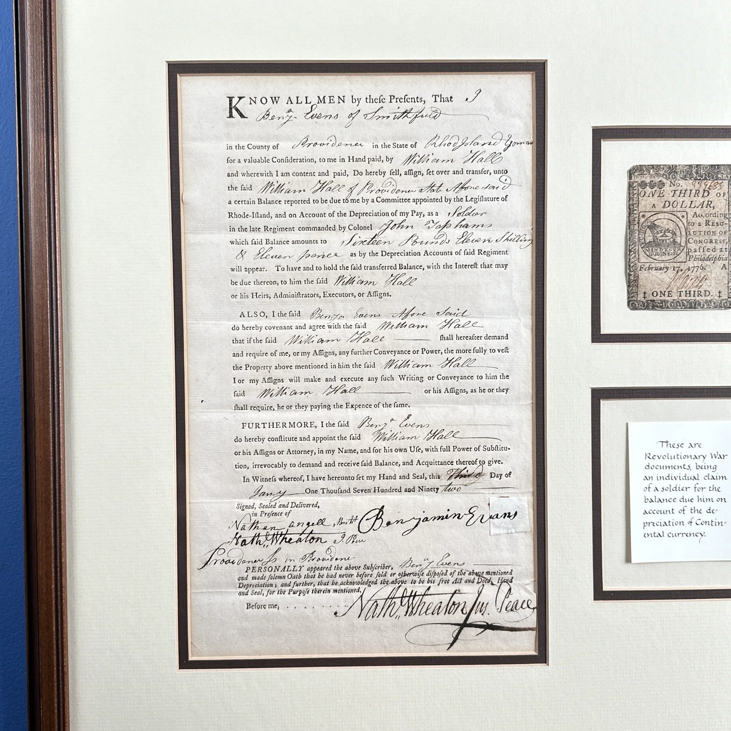 Two Continental Soldier Pay Documents and a Continental one third dollar note - Framed