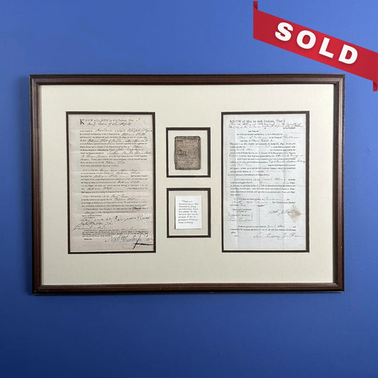 Two Continental Soldier Pay Documents and a Continental one third dollar note - Framed