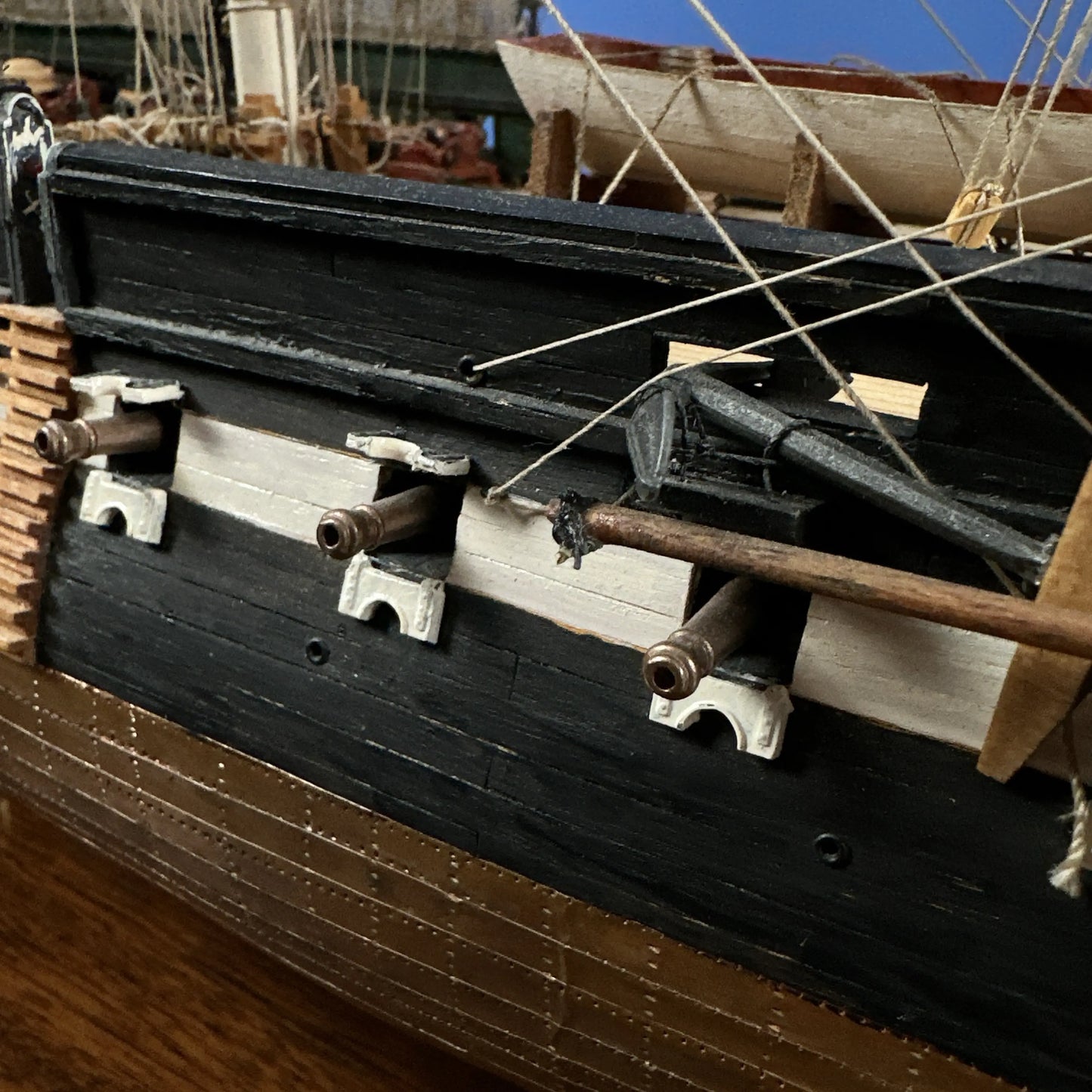 Cased USS Constitution Ship Model from Lannan Ship Model Gallery — with marquetry inlay table