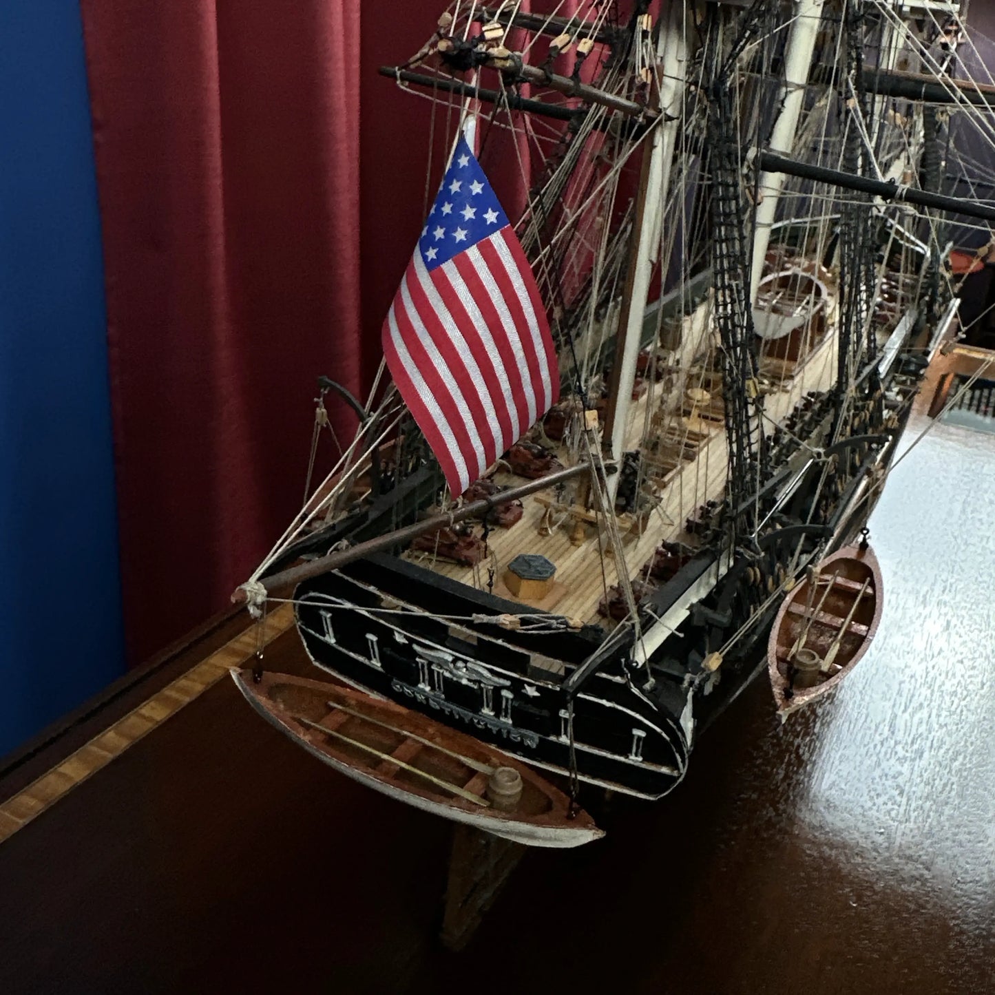 Cased USS Constitution Ship Model from Lannan Ship Model Gallery — with marquetry inlay table