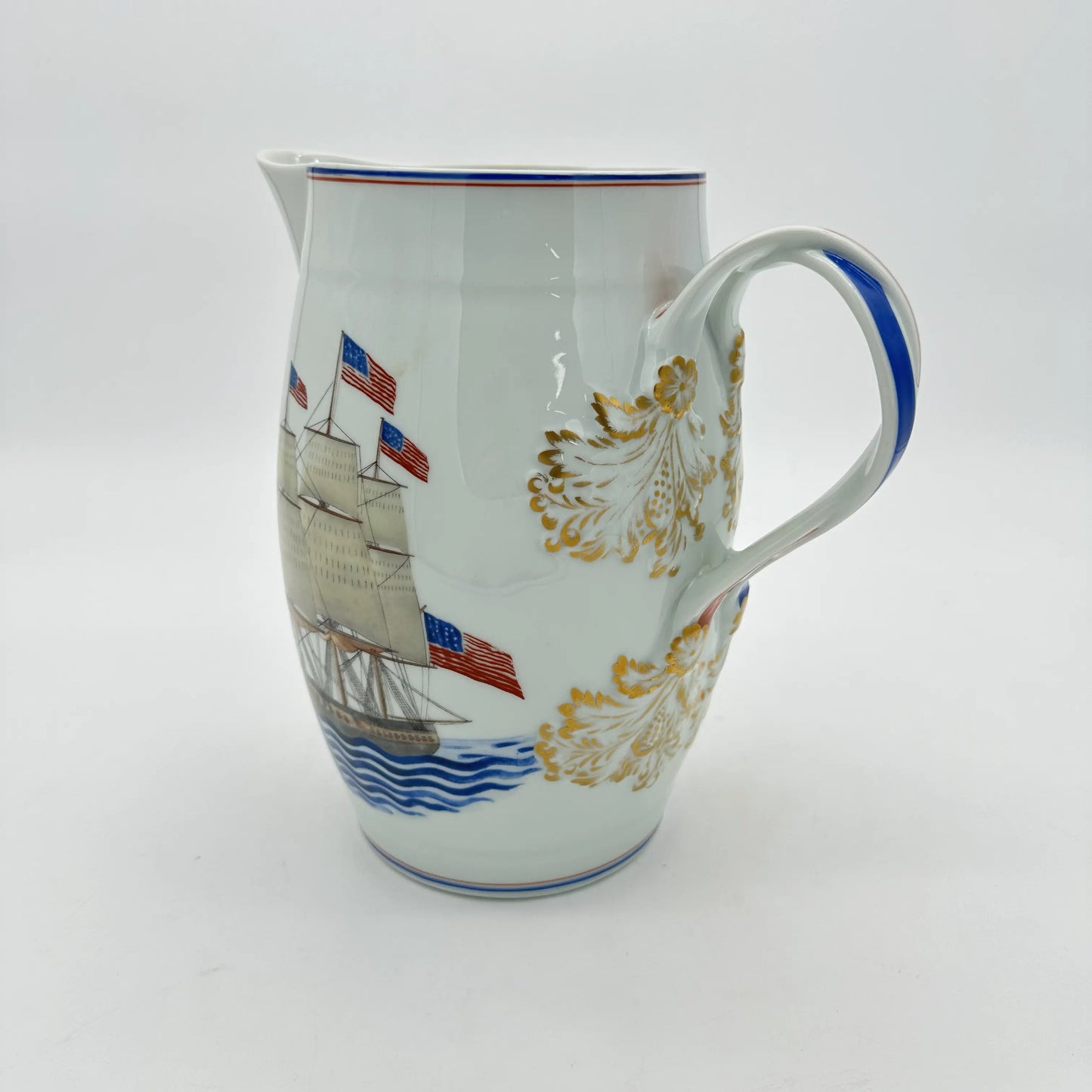 1824 Mottahedeh "U.S.S. Constitution" Porcelain Pitcher with six mugs