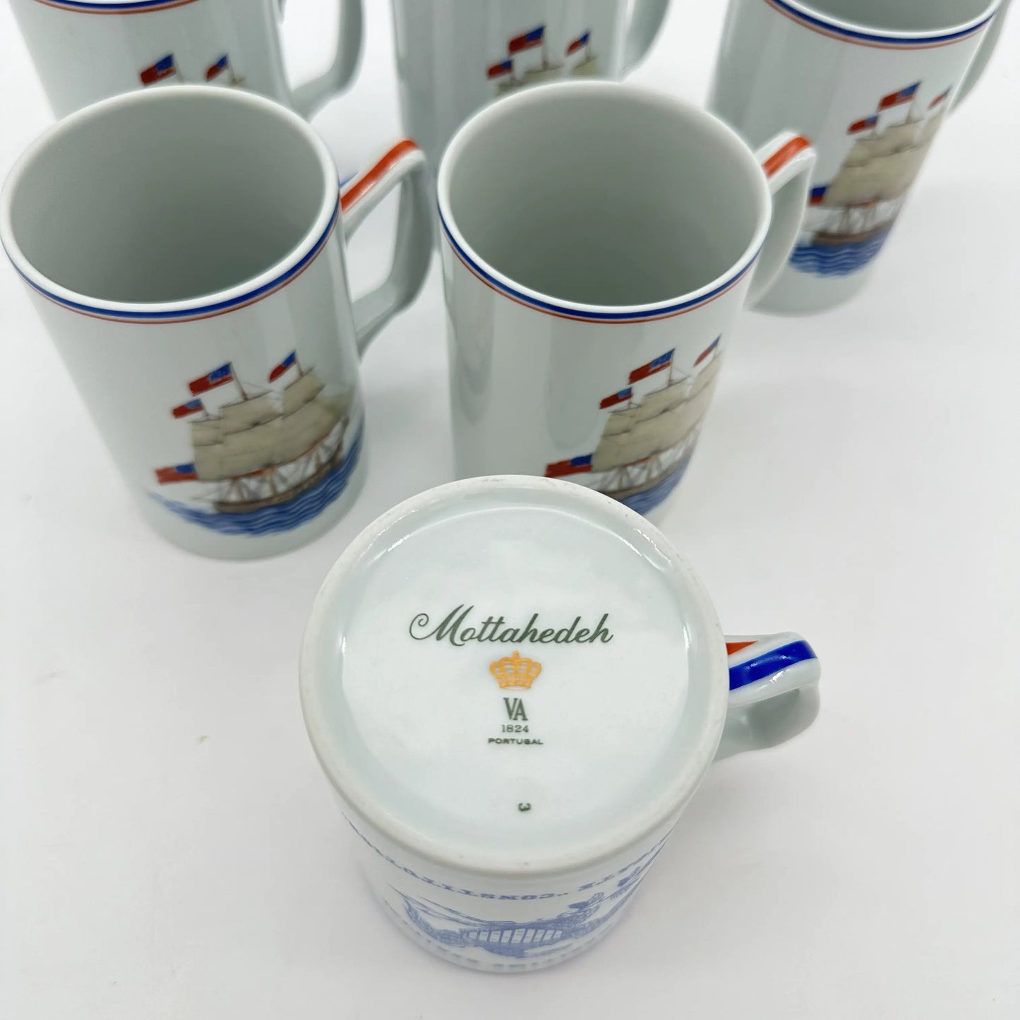 1824 Mottahedeh "U.S.S. Constitution" Porcelain Pitcher with six mugs