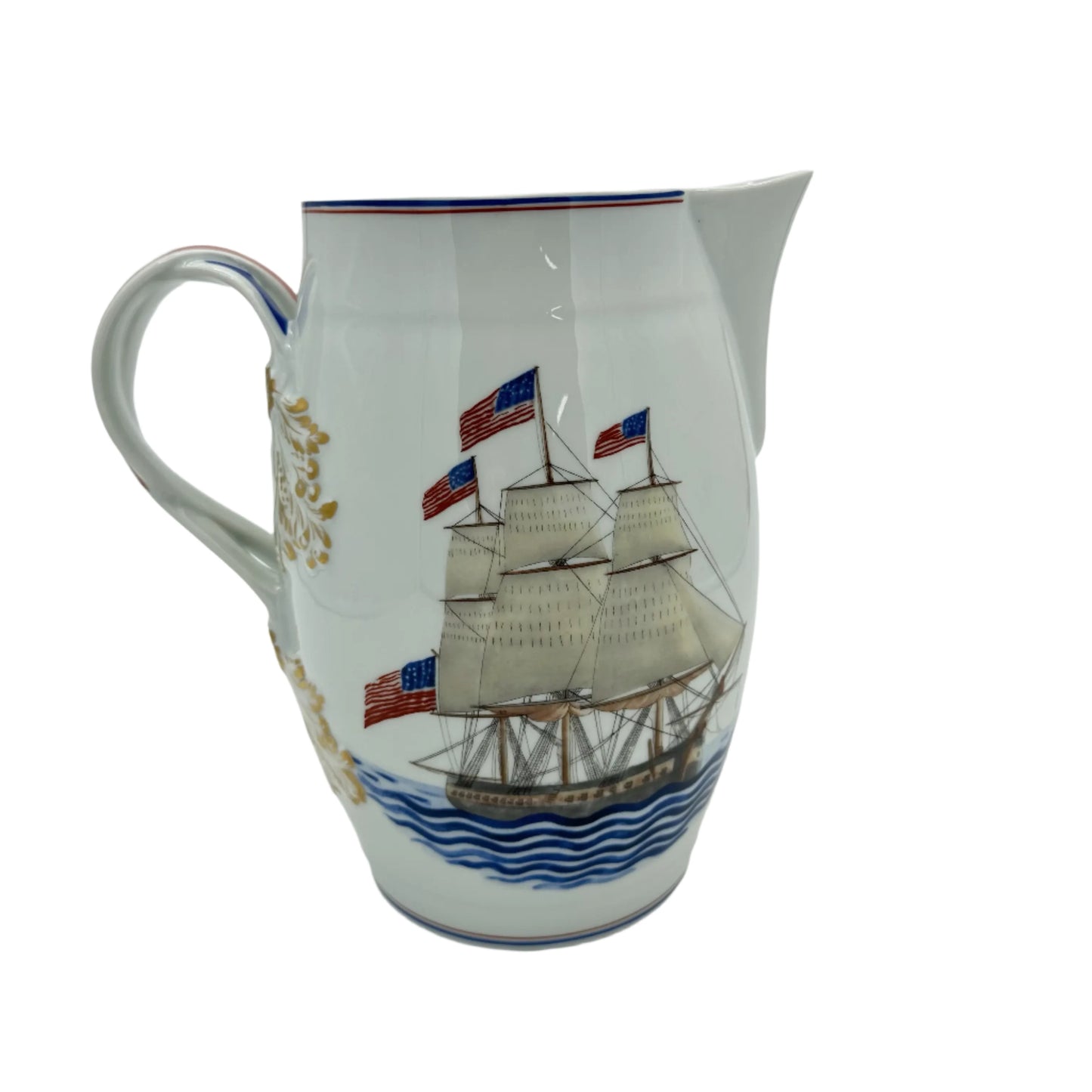 1824 Mottahedeh "U.S.S. Constitution" Porcelain Pitcher with six mugs