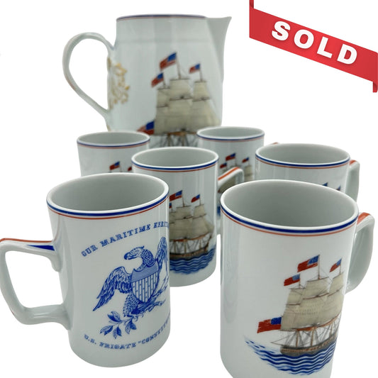 1824 Mottahedeh "U.S.S. Constitution" Porcelain Pitcher with six mugs