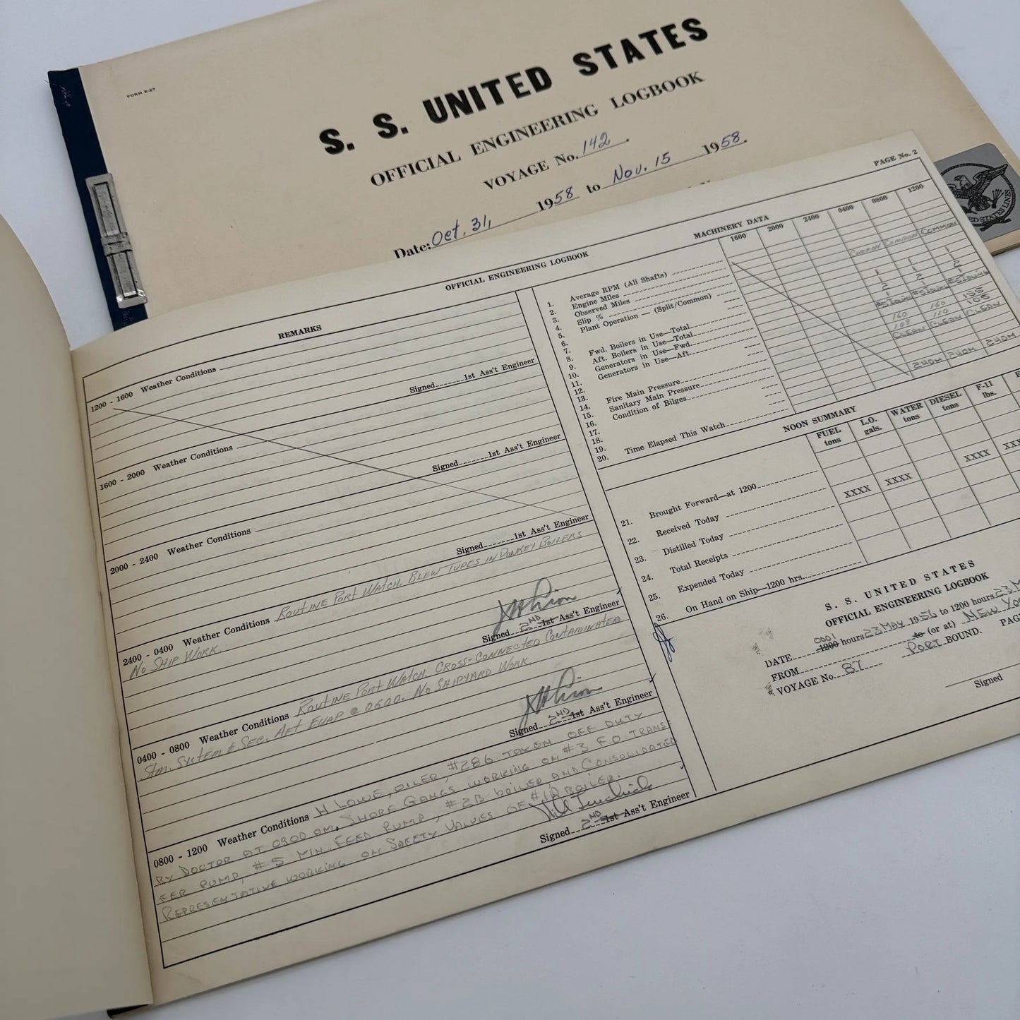 SS United States place setting with book, documents, stock certificate