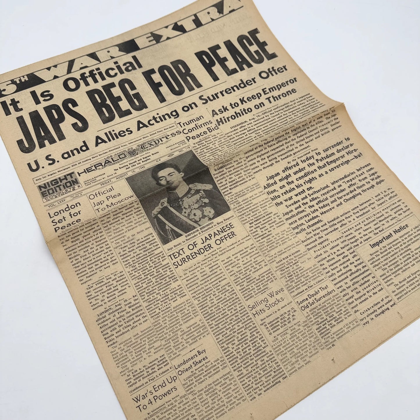 Front pages on the War with Japan: Declared, Bombed, Plea, Peace