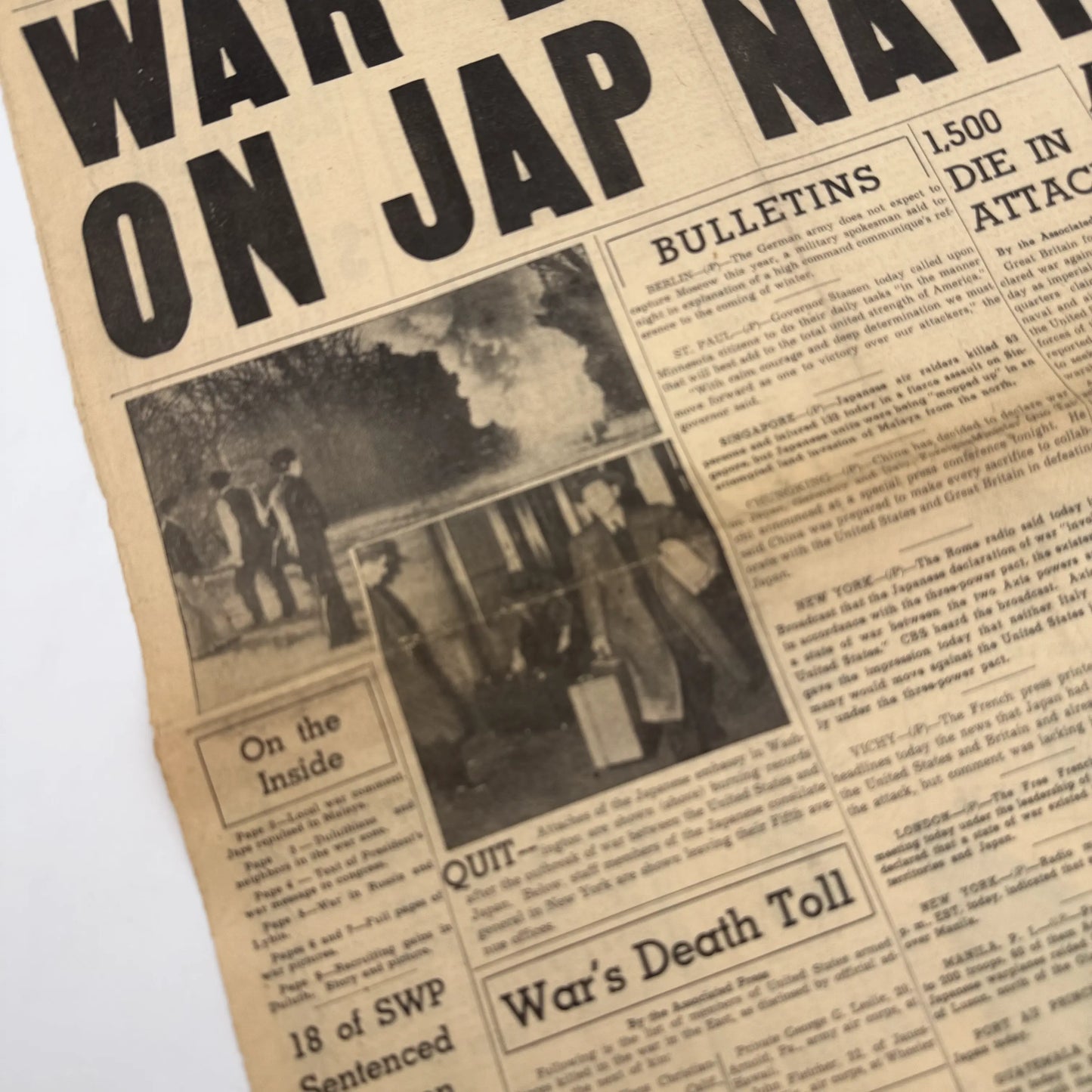 Front pages on the War with Japan: Declared, Bombed, Plea, Peace