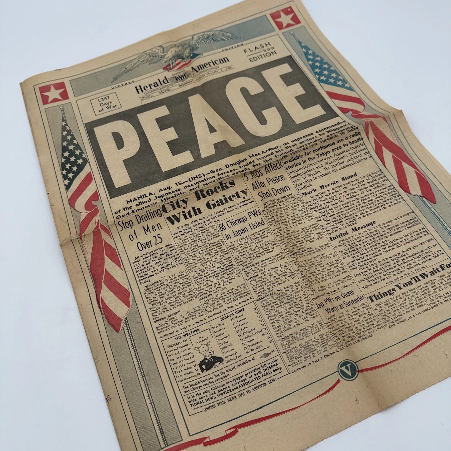 Front pages on the War with Japan: Declared, Bombed, Plea, Peace